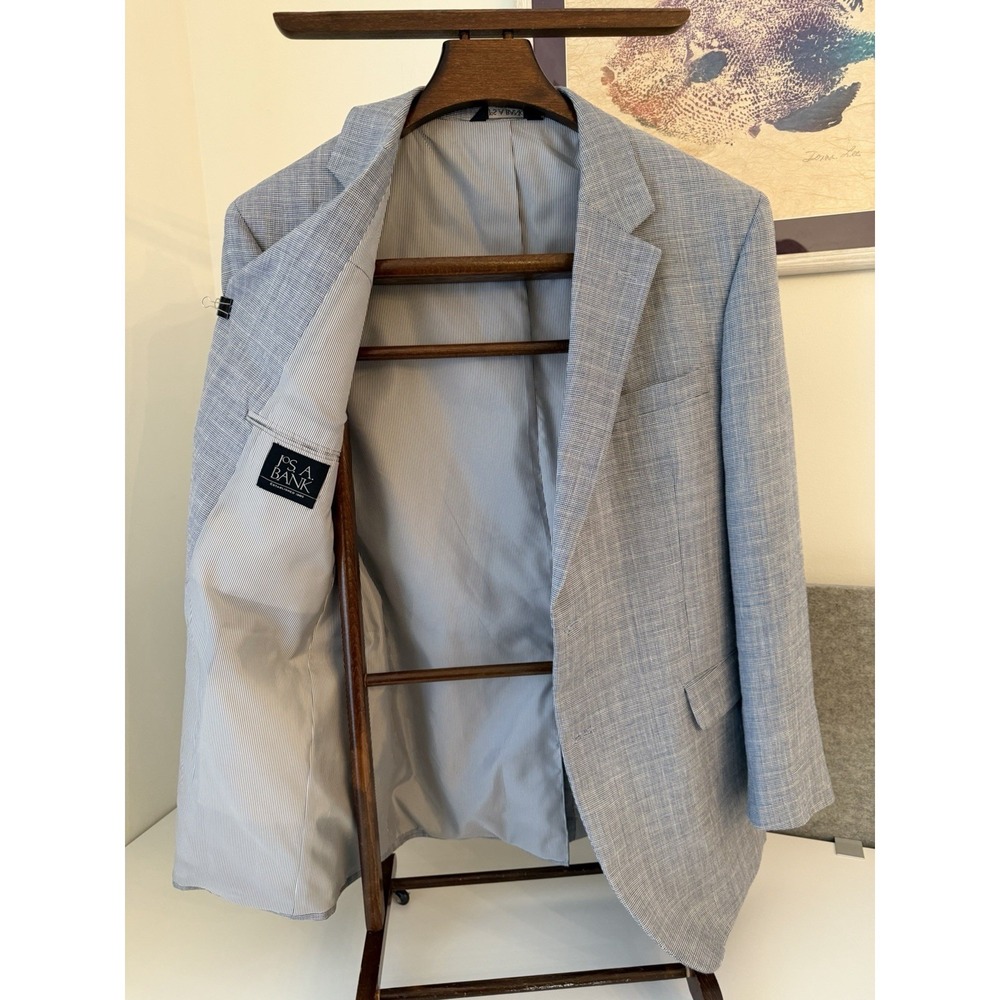 Jos A Bank 46L Blazer Linen Wool Blue Mini Plaid Checked Sport Coat Suit Jacket - Picture 2 of 10